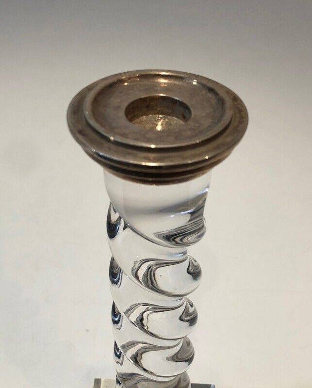 Pair of twisted plexiglass and silver-plated candlesticks