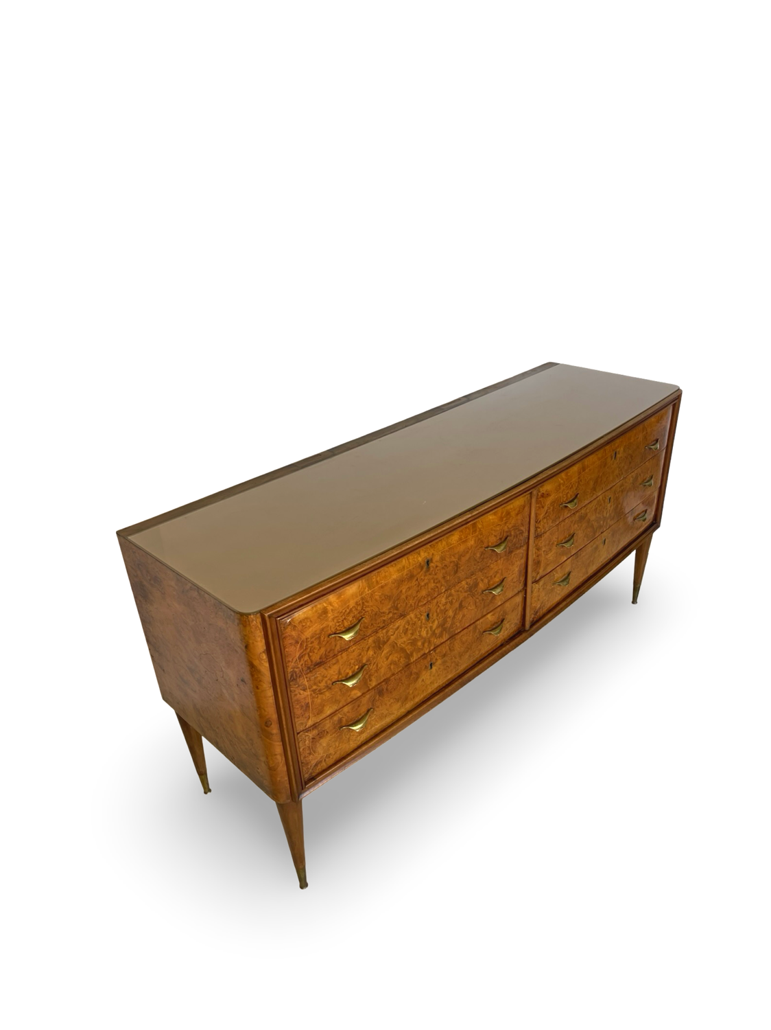 Veneered burl walnut chest of drawers with light warm brown glass top