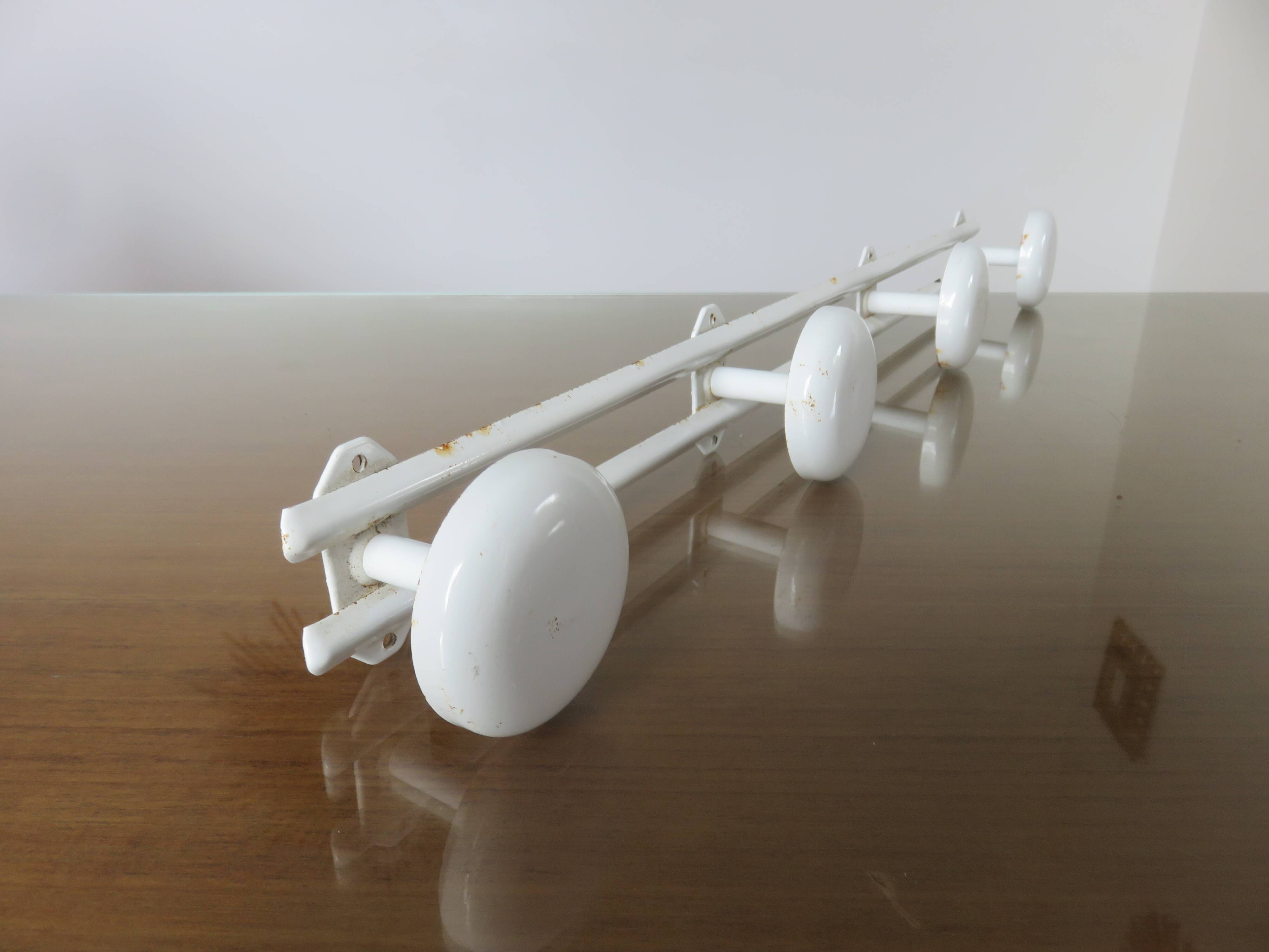 Wall coat rack with 4 hooks in white lacquered metal 1970