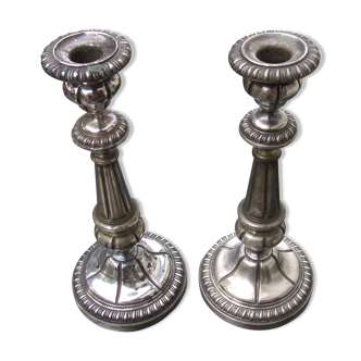 Pair of silver metal candle holders
