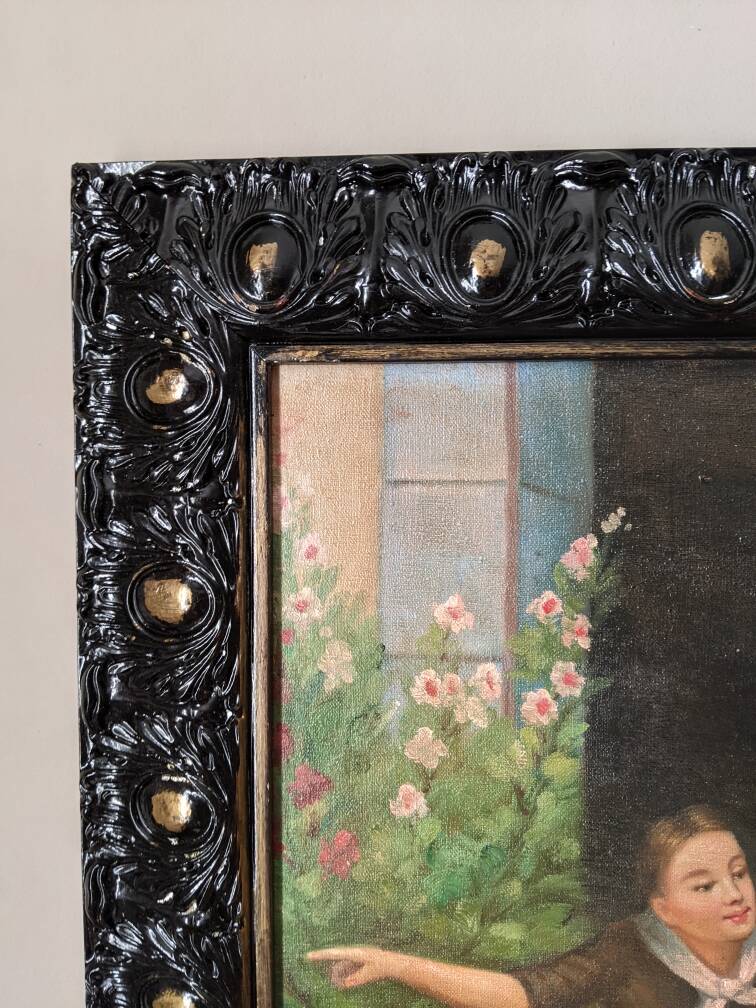 Oil painting on canvas, scene of life, black wooden frame, country decoration