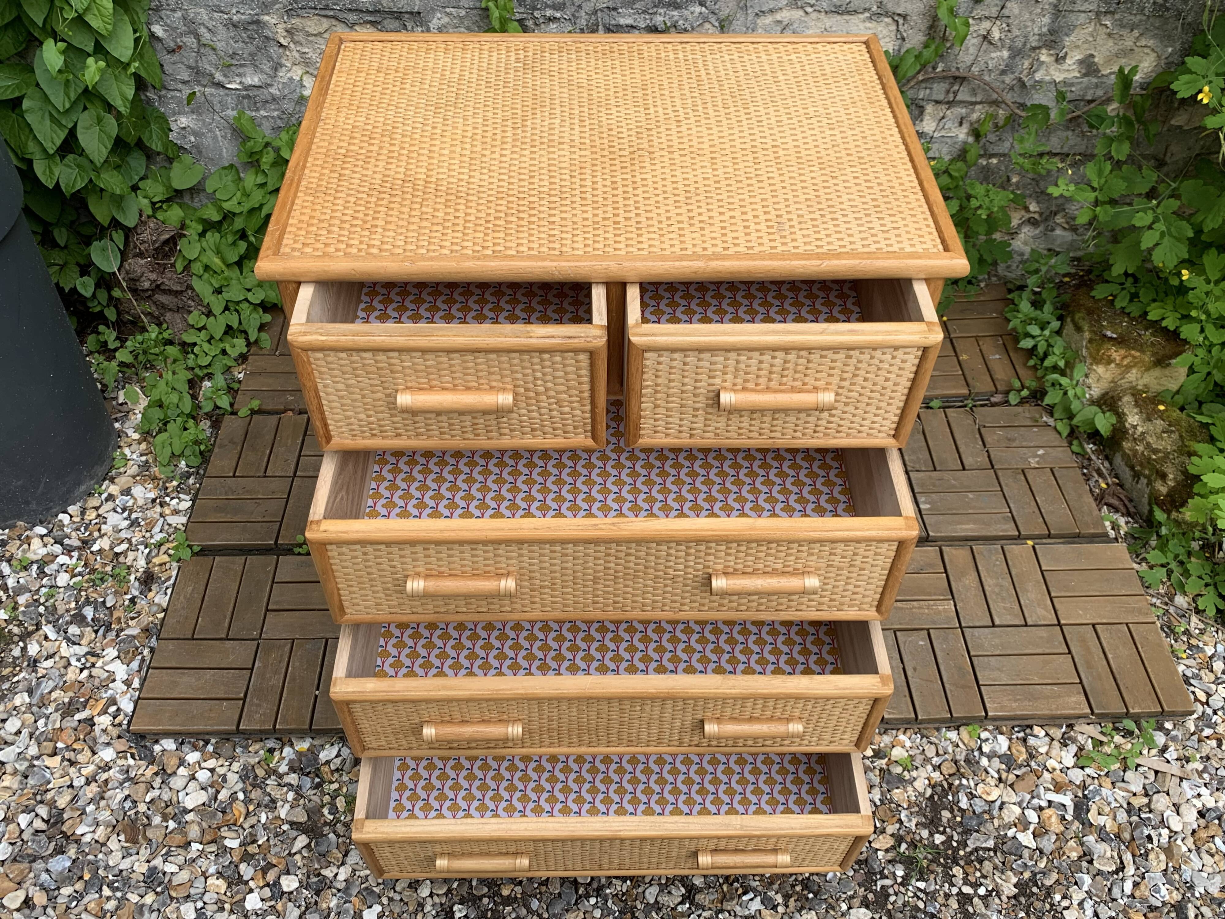 Vintage rattan and woven wicker chest of drawers 1970