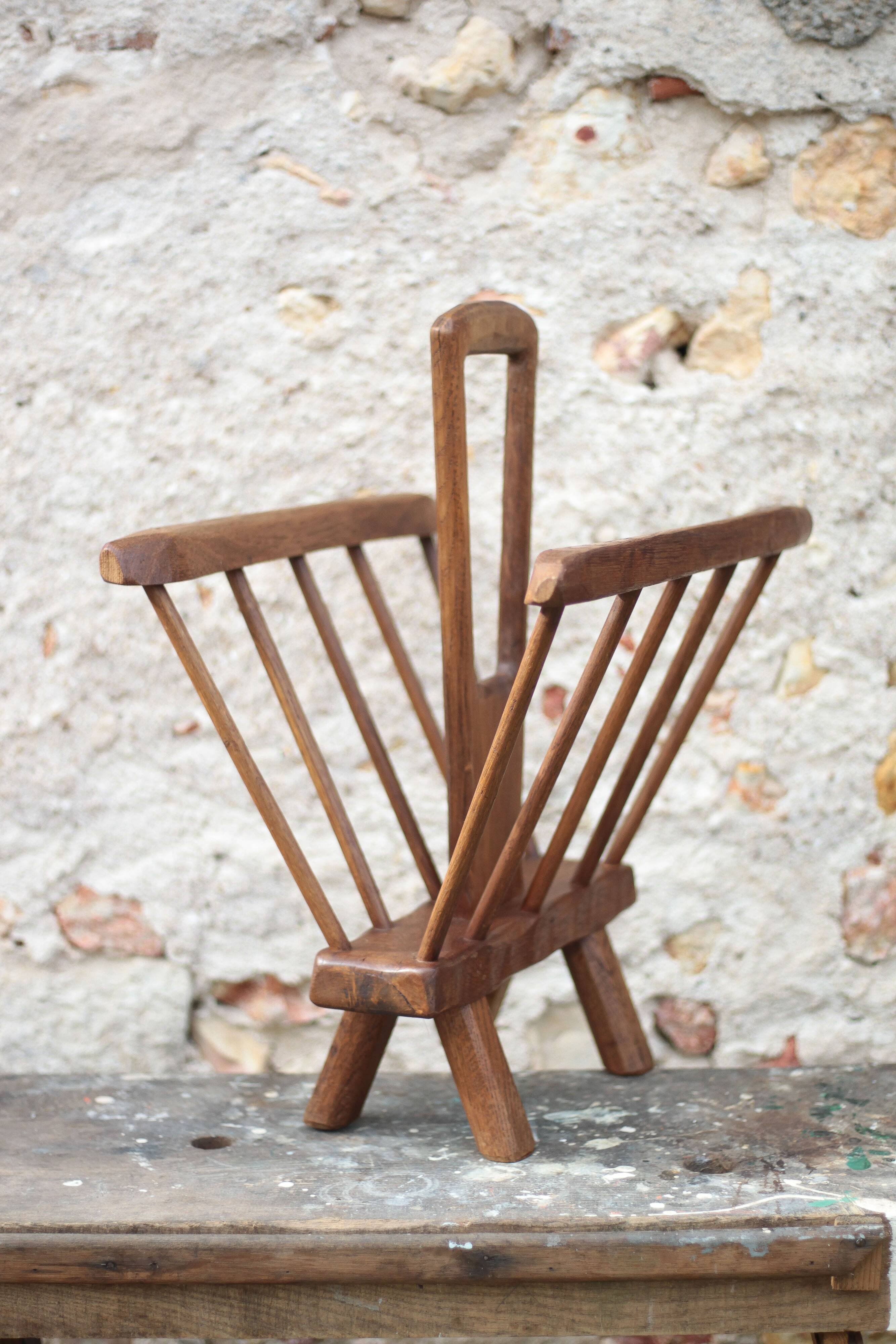 Vintage brutalist wooden magazine rack, magazine holder, newspaper, magazine.