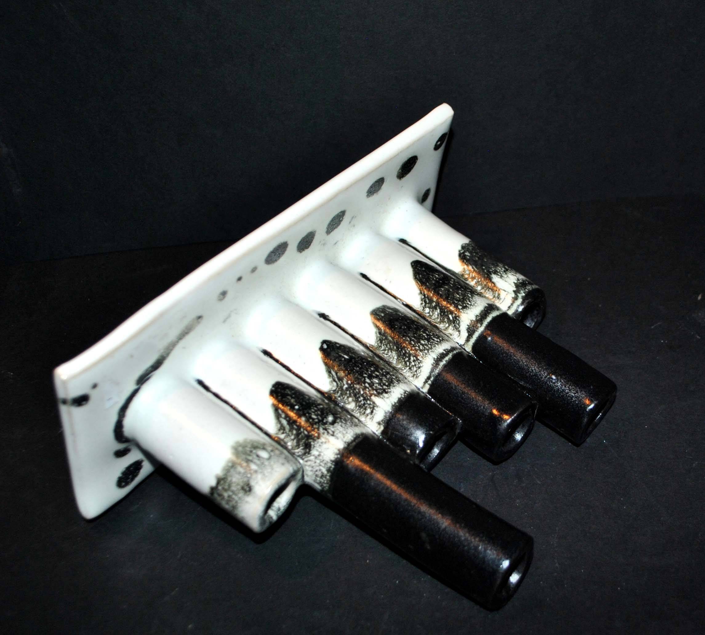 Vintage black and white ceramic soliflore vase - brush holder