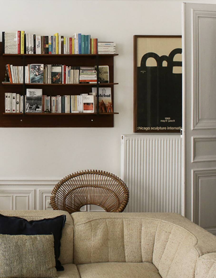 wall-mounted bookcase in wood and black metal, Scandinavian design 1970