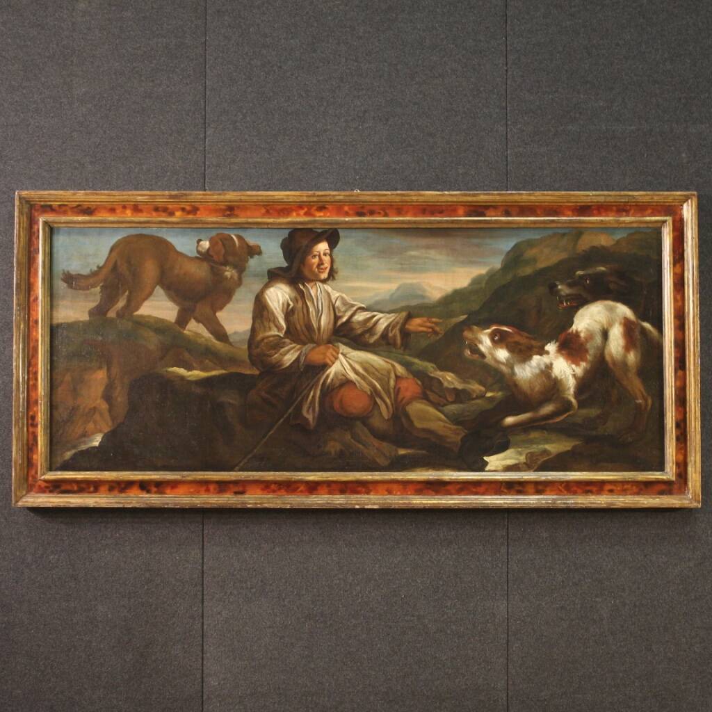 Tableau lombard antique du XVIIe siècle, le berger avec ses chiens