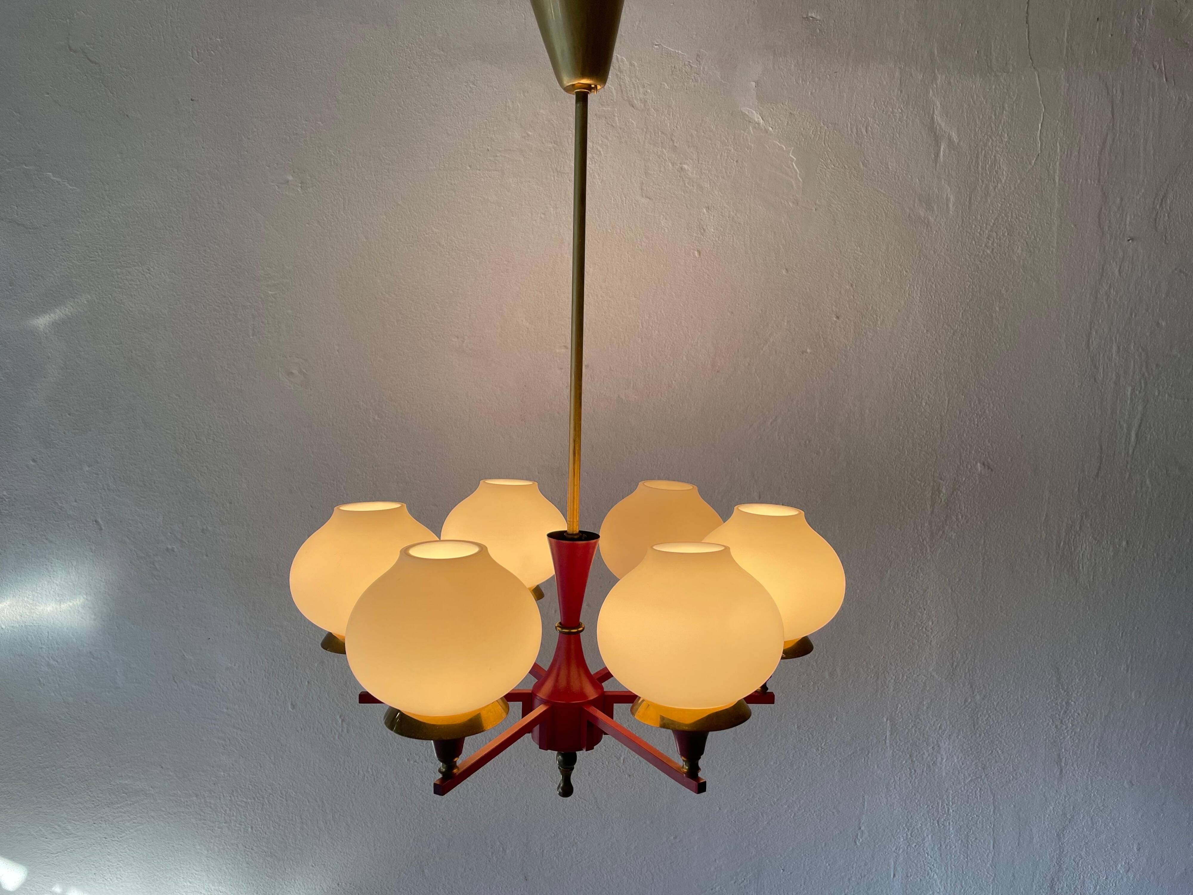 6 pendant lamps in glass and burgundy brass by Hans-Agne Jakobsson, 1960s, Sweden