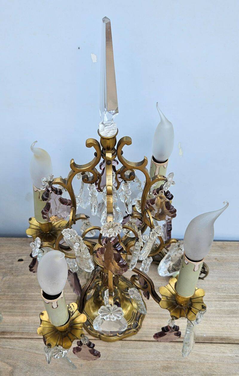 Pair of Gilt Bronze Candelabras with Colored Crystal Tassels