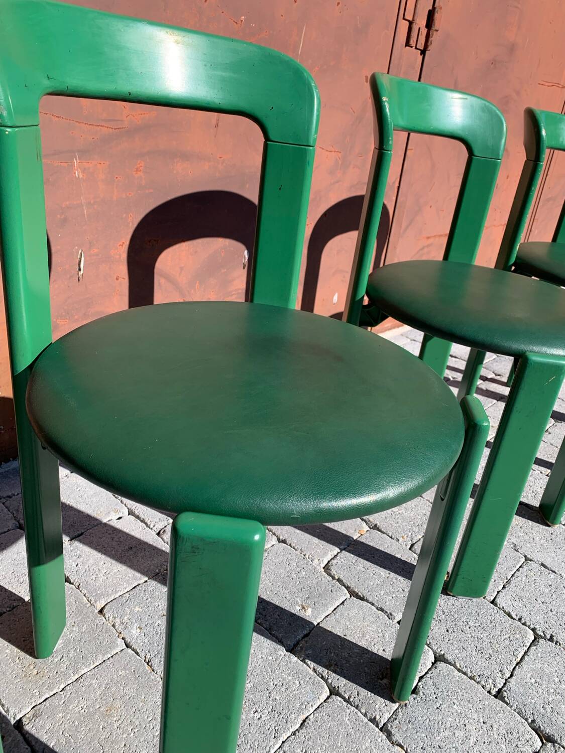 6 Bruno Rey Kush & co Green Stackable Chairs Circa 1970