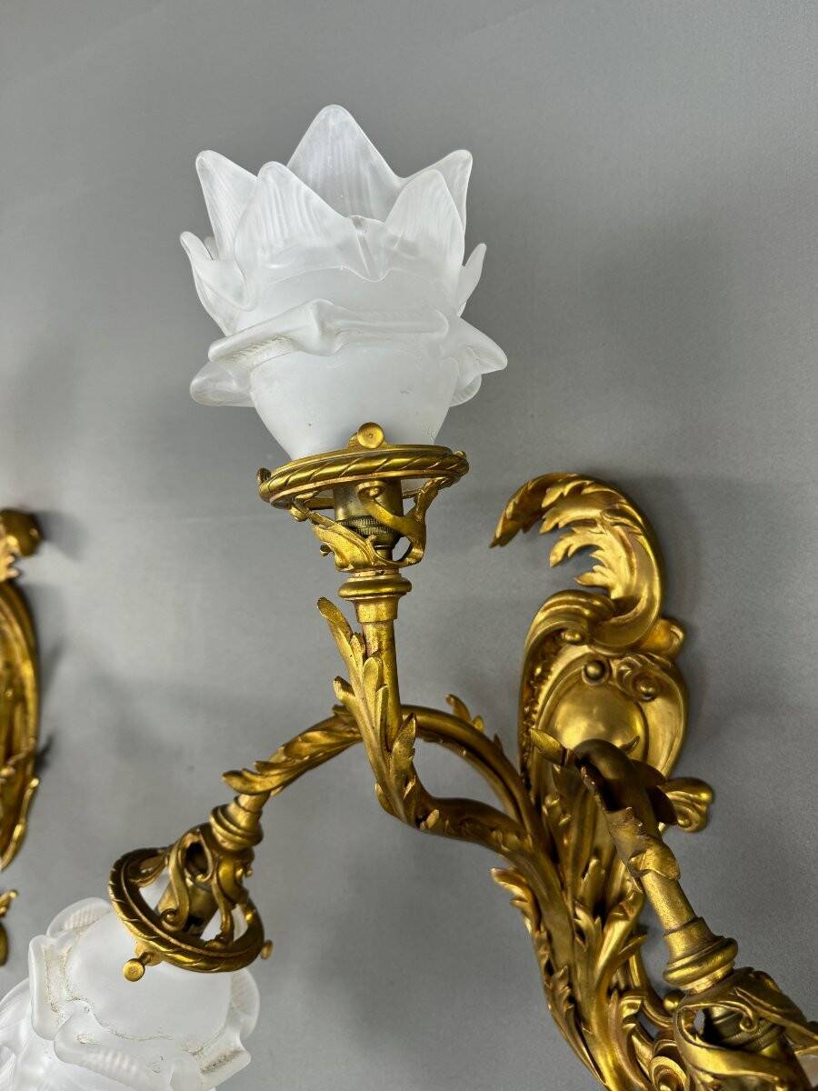 Pair of Rococo Style Gilt Bronze Wall Sconces, Late 19th Century