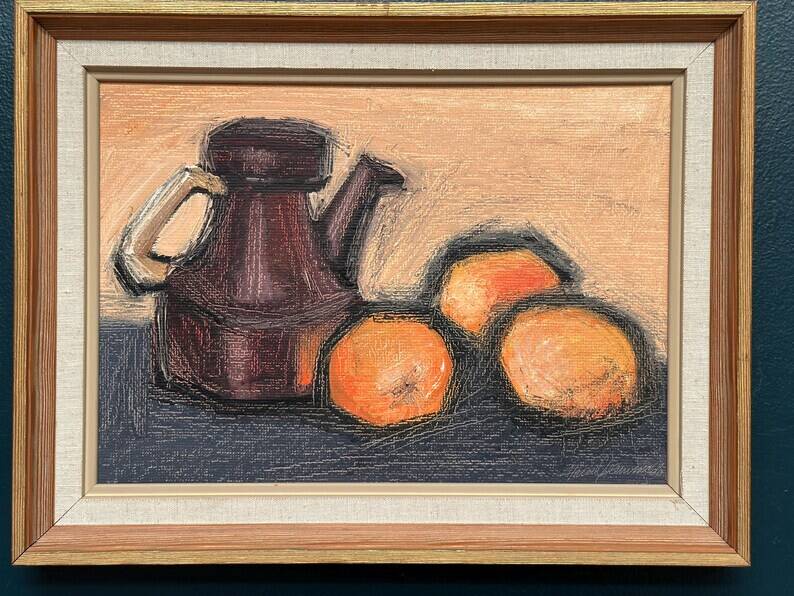 Original Swedish Oil on Panel – "Kattle and Oranges" by Herald – Signed – Dated 1966 – Framed Vintage Piece