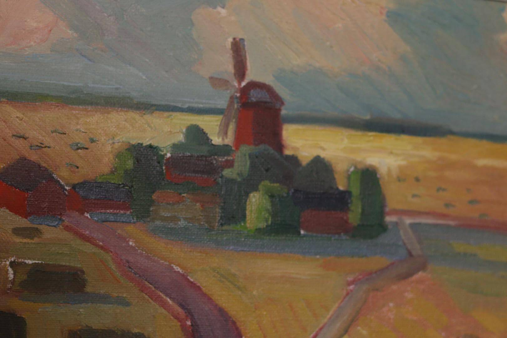 Huile sur toile originale suédoise – « Paysage avec moulin à vent » par Harry Sahlin