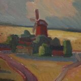 Huile sur toile originale suédoise – « Paysage avec moulin à vent » par Harry Sahlin