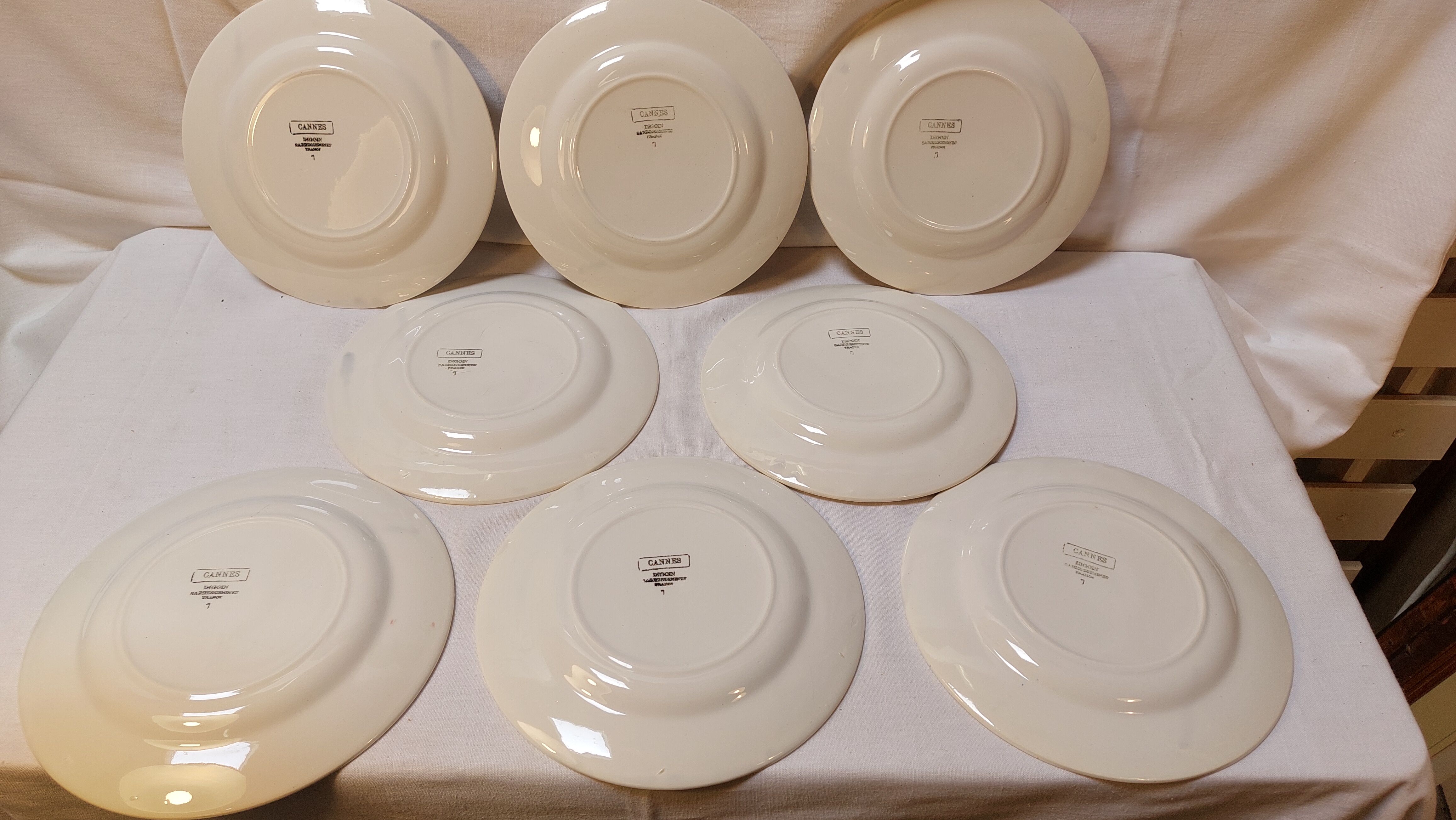Set of 8 old flat plates from digoin sarreguemines earthenware factories - cannes model