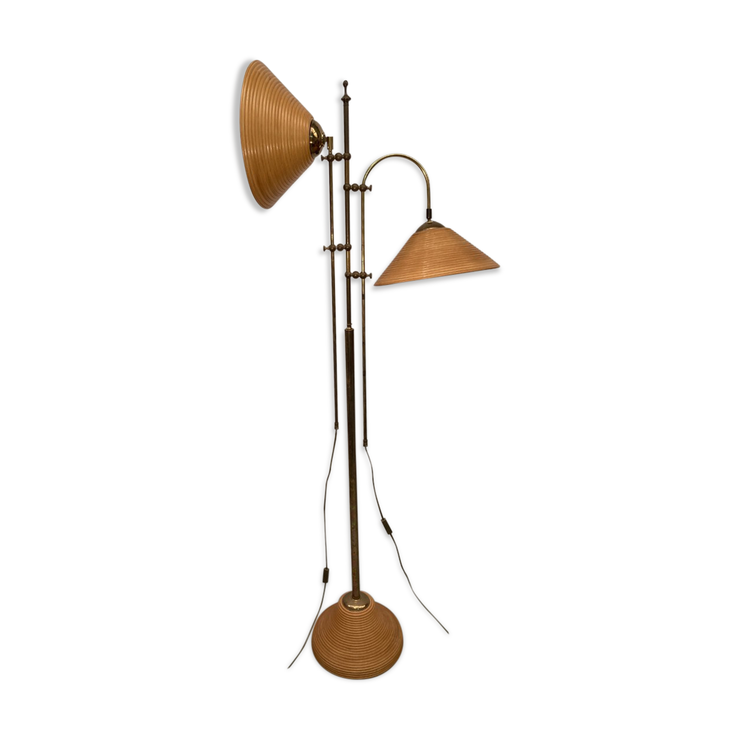 Bamboo rattan and brass pencil or split reed floor lamp, Italy 1980s