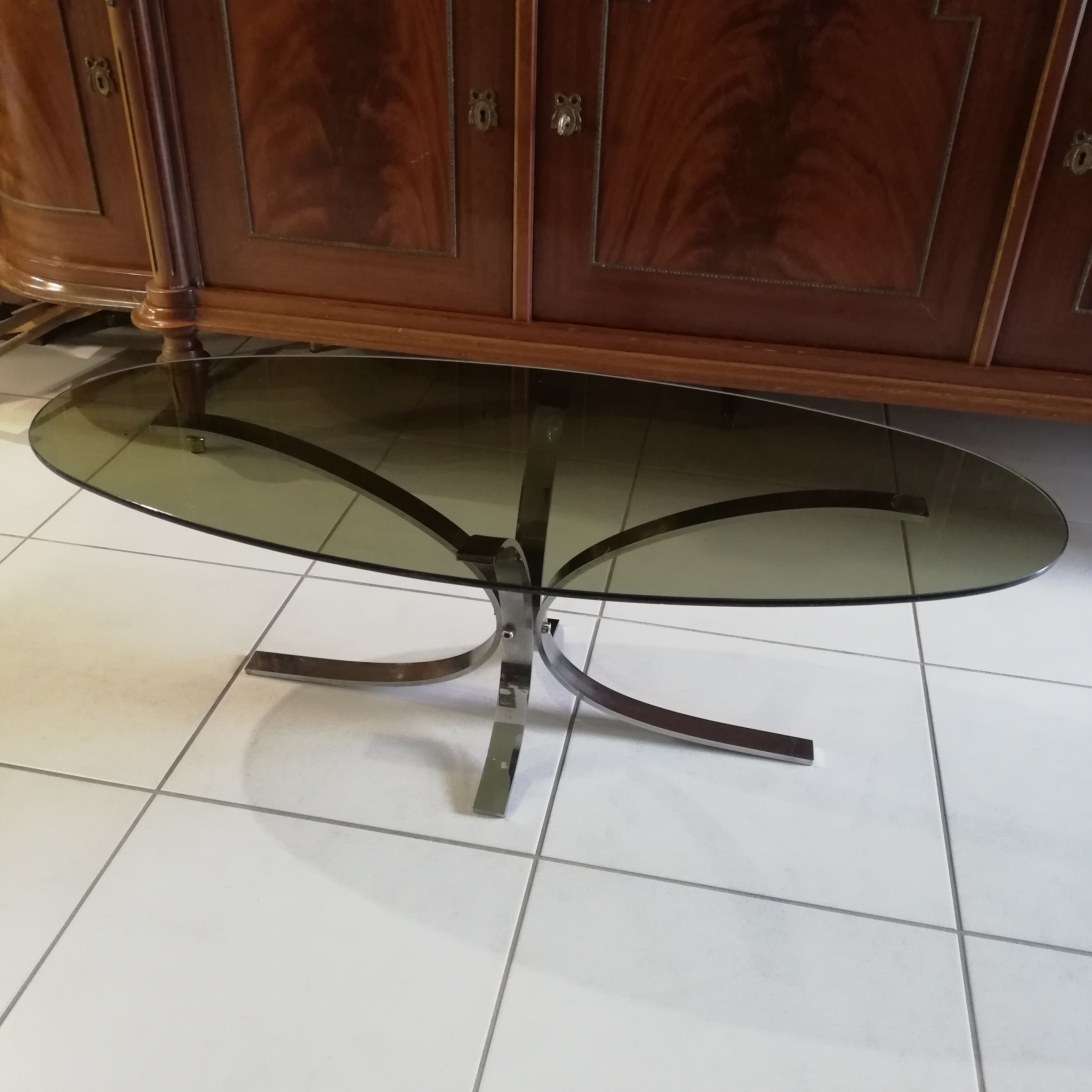 70s oval glass and chrome coffee table
