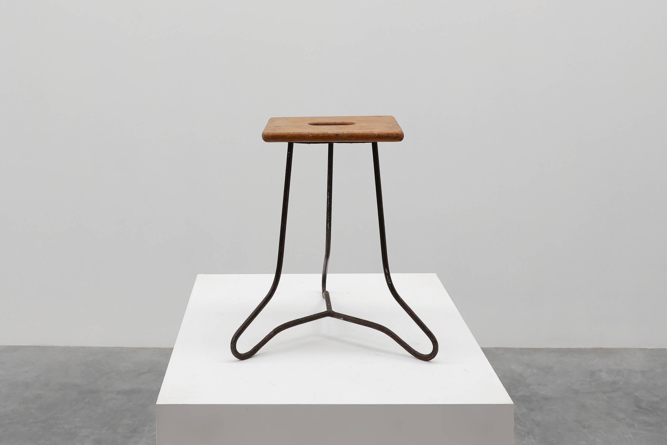 Modernist Industrial Iron and Oak Split Slats Stool, France ca. 1910