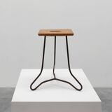 Modernist Industrial Iron and Oak Split Slats Stool, France ca. 1910