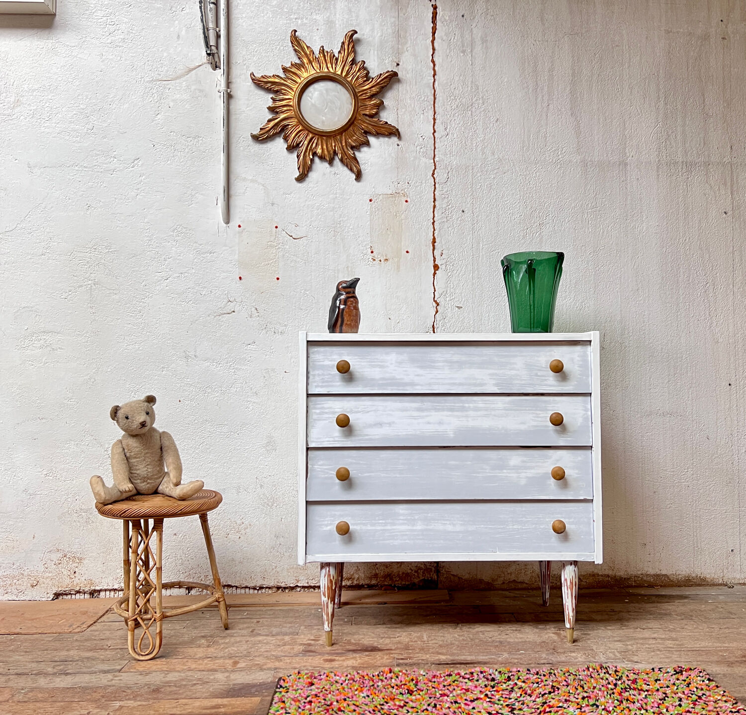 Vintage weekly chest of drawers 1950/1960 - retro - 4 drawers - compass feet - white