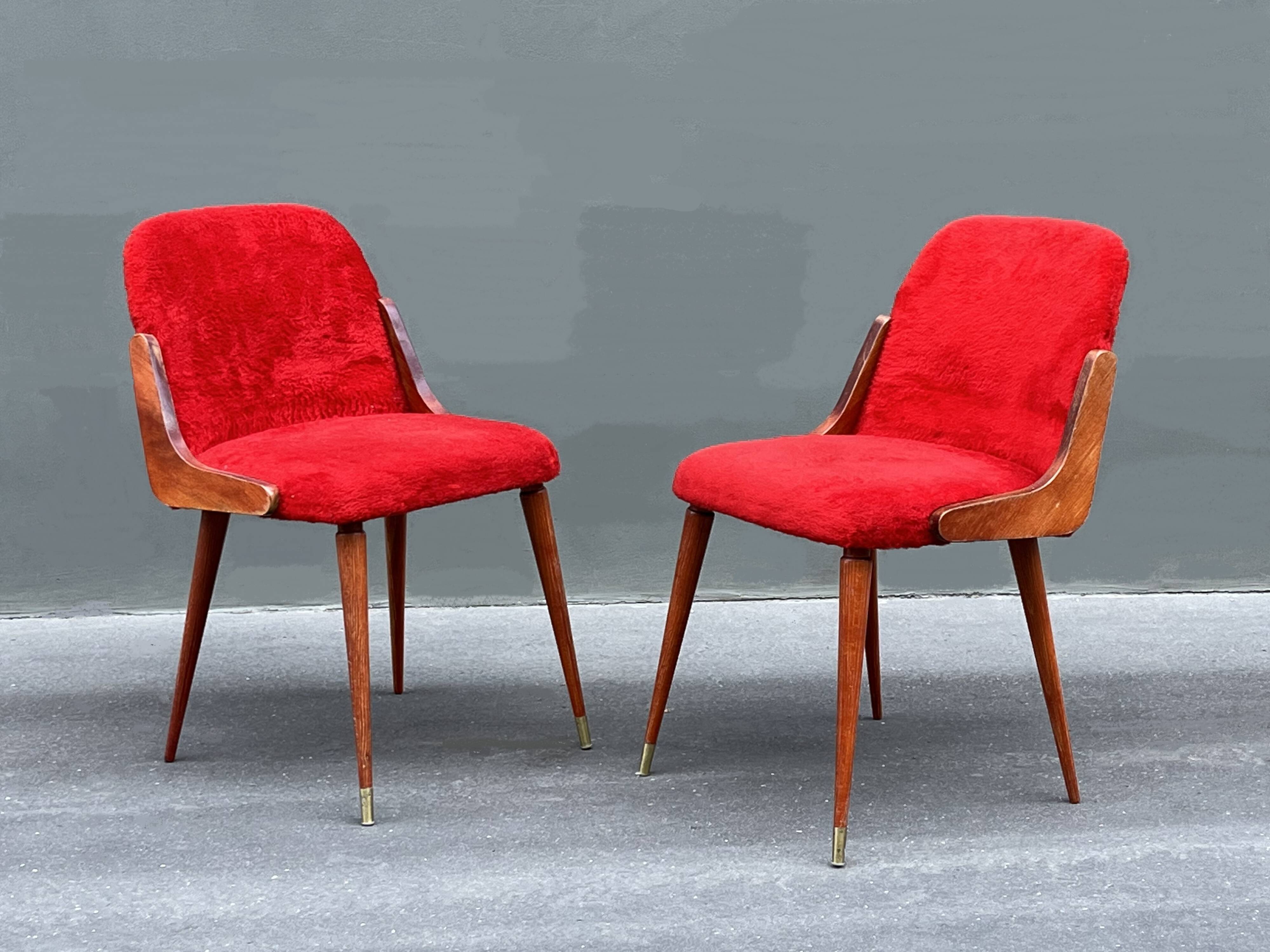 Pair of 1960s chairs in sheepskin and varnished wood