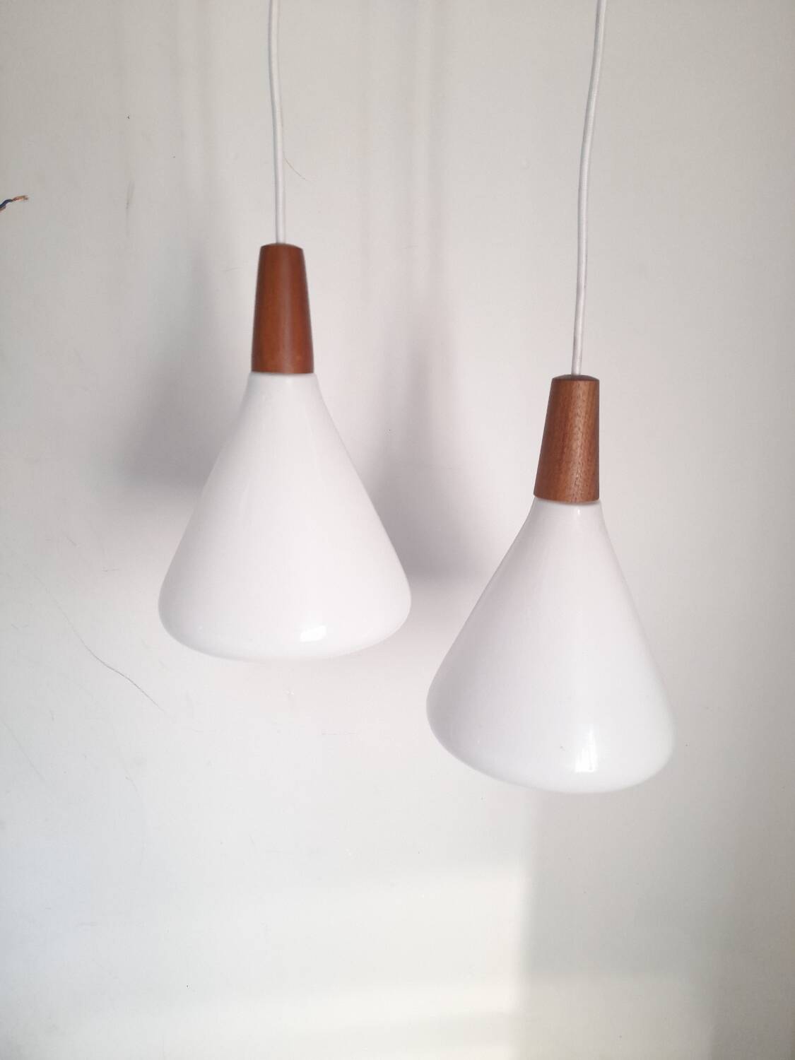 Pair of opaline and teak pendant lights Nordlux