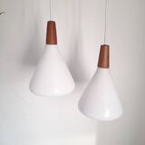 Pair of opaline and teak pendant lights Nordlux