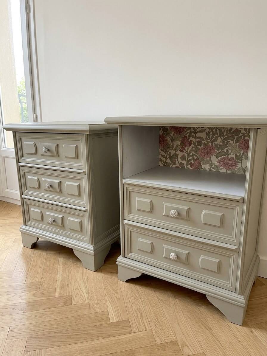 Pair of revamped clay green bedside tables