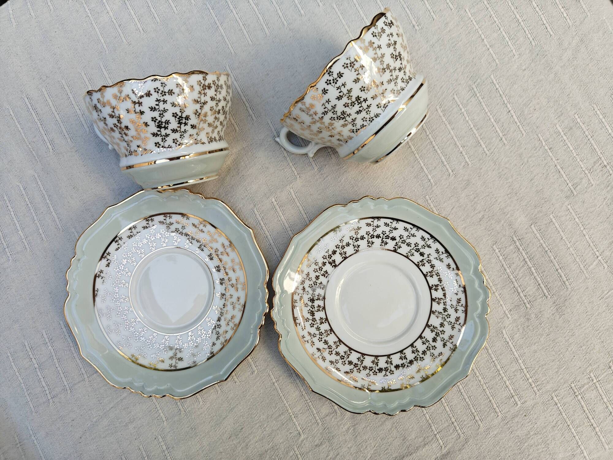 Duo of tea cups and saucers Limoges Lucien Michelaud - Green porcelain