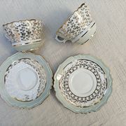Duo of tea cups and saucers Limoges Lucien Michelaud - Green porcelain