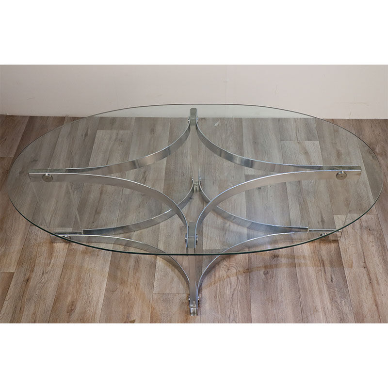 Table basse vintage en verre et métal chromé 1970