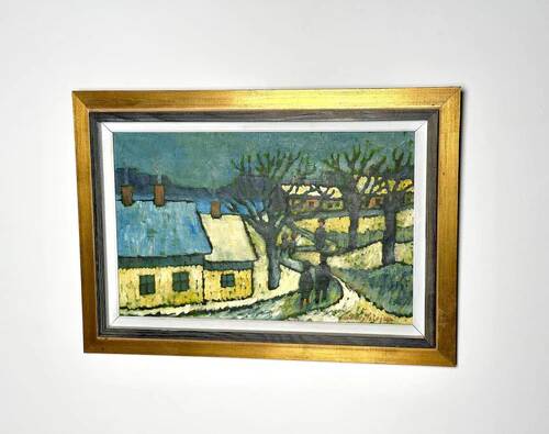 Mid Century Danish Oil on Panel – Winter Landscape – Erik Hilströml