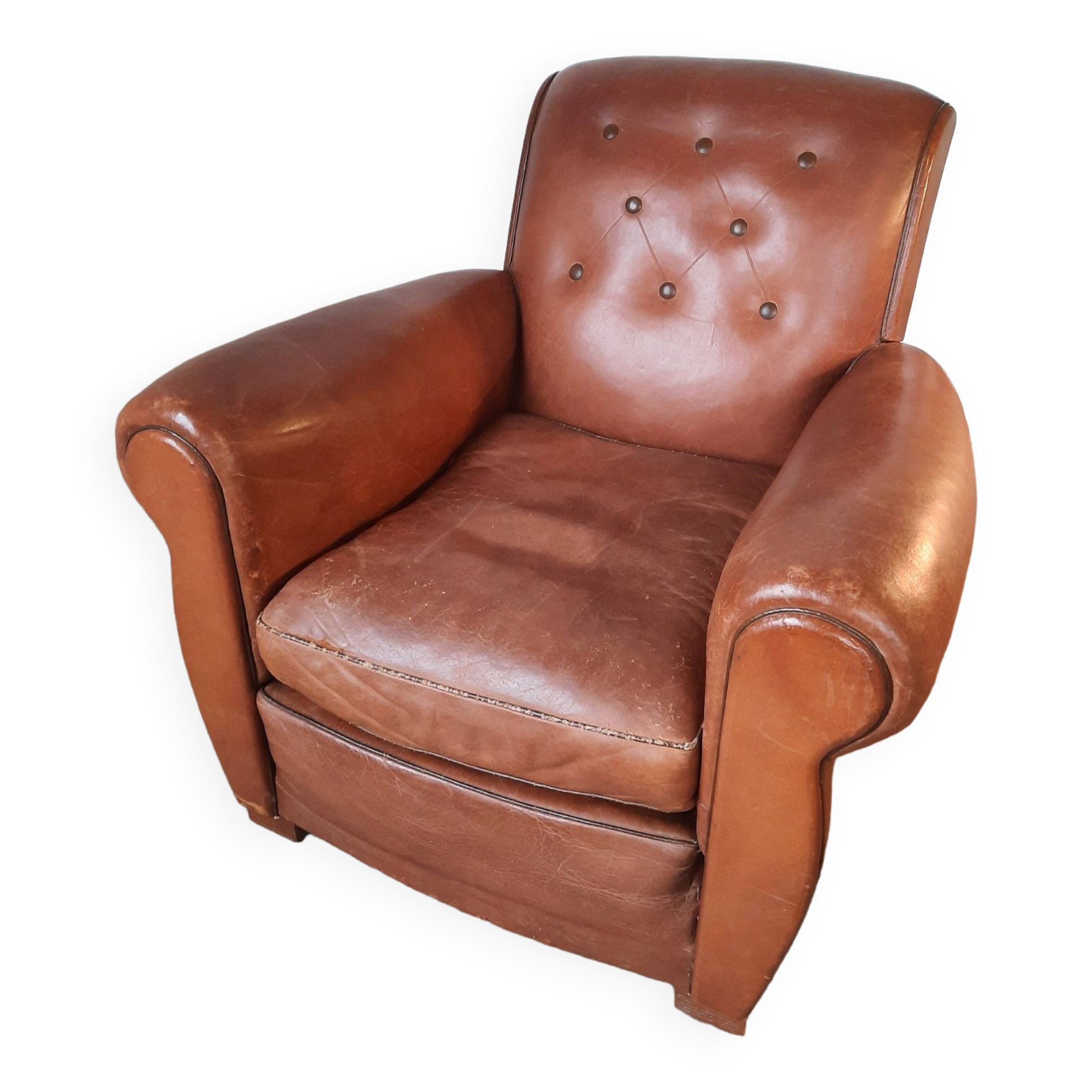Ancien fauteuil club en cuir, vers 1940 style art déco