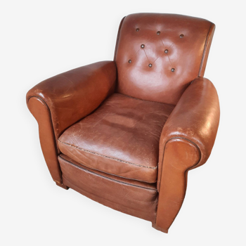 Ancien fauteuil club en cuir, vers 1940 style art déco