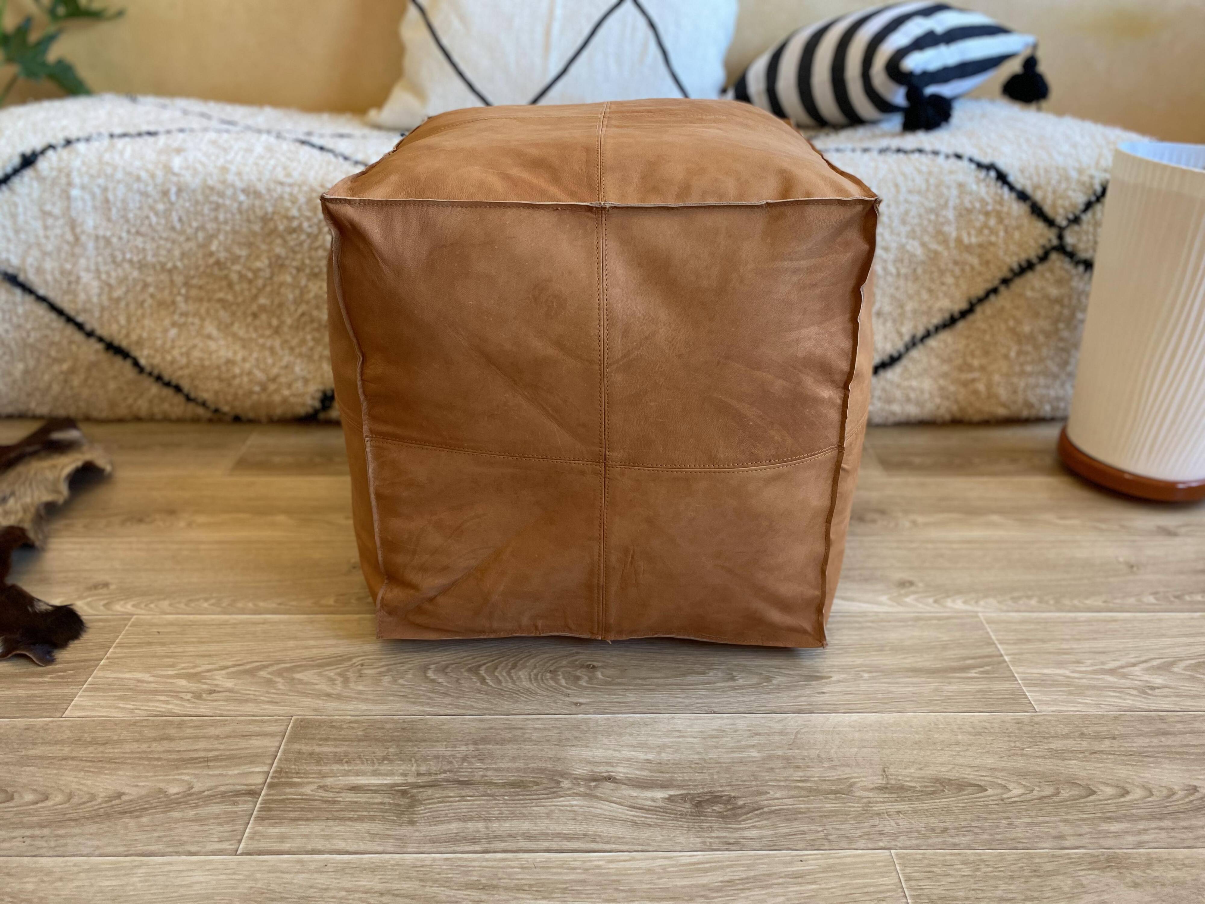 Vegan Leather Ottoman Pouf, Handmade, Cognac, Unstuffed, Moroccan Leather, Marrakech Souk