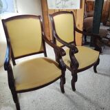 2 antique matching armchairs in wood and fabric