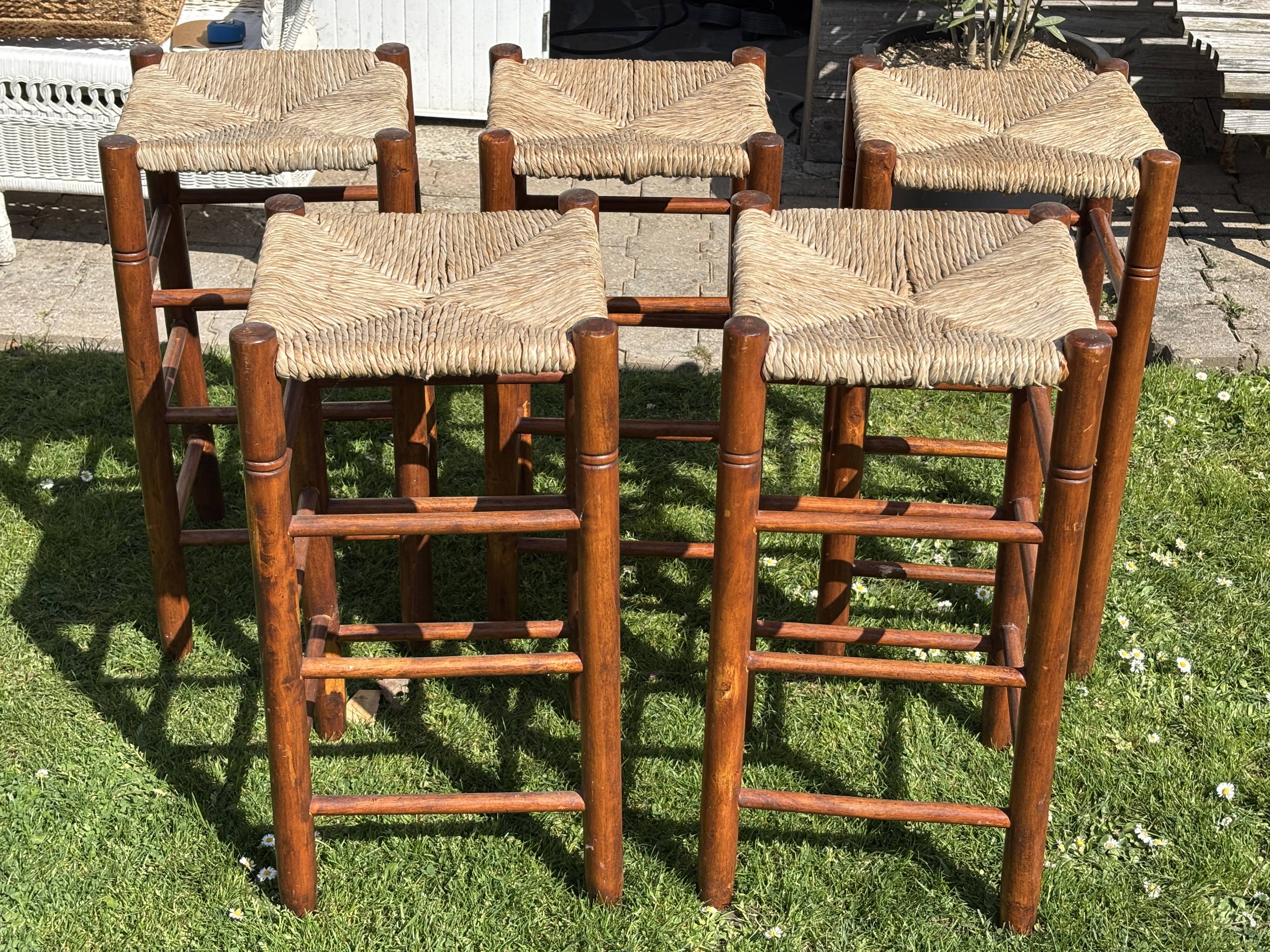 5 Charlotte Perriand-style wooden and straw bar stools