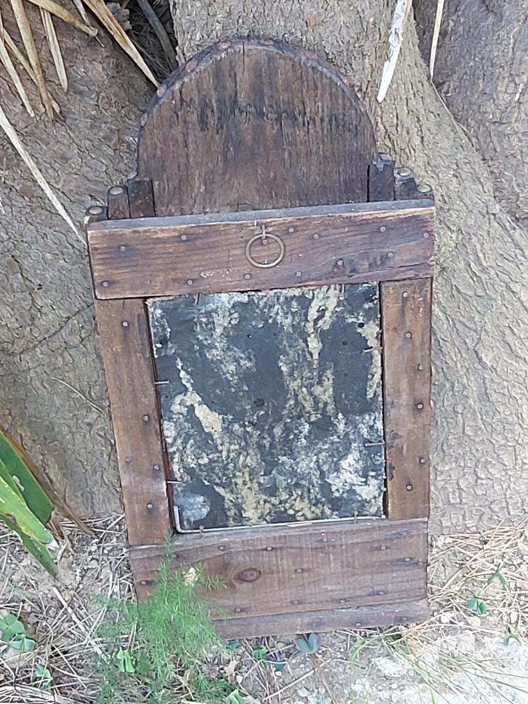 Ancient brutalist oriental wooden mirror 23x53cm