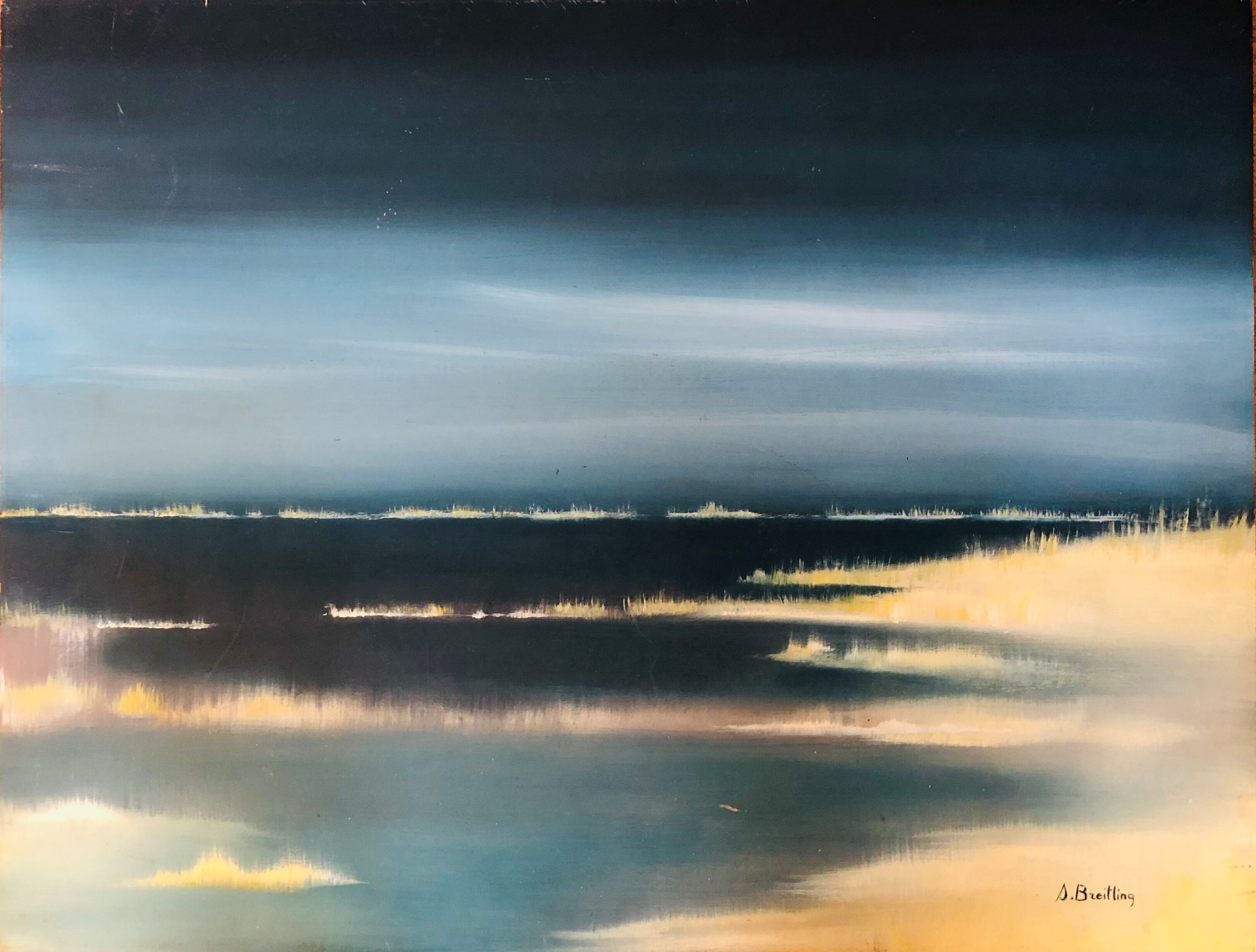 Oil on panel: sunrise by the sea