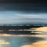 Oil on panel: sunrise by the sea