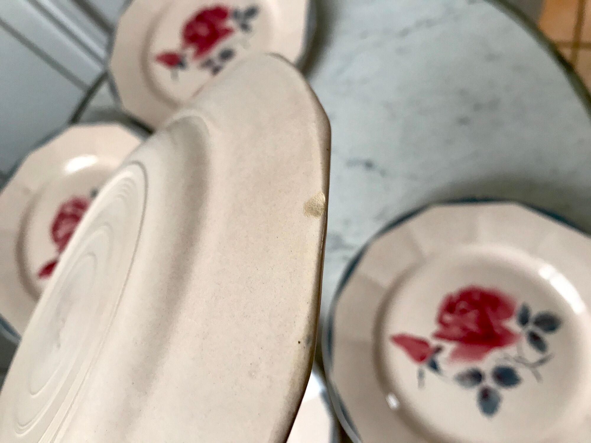 Set of 6 flat plates digoin sarreguemines pink and blue flowers 40s