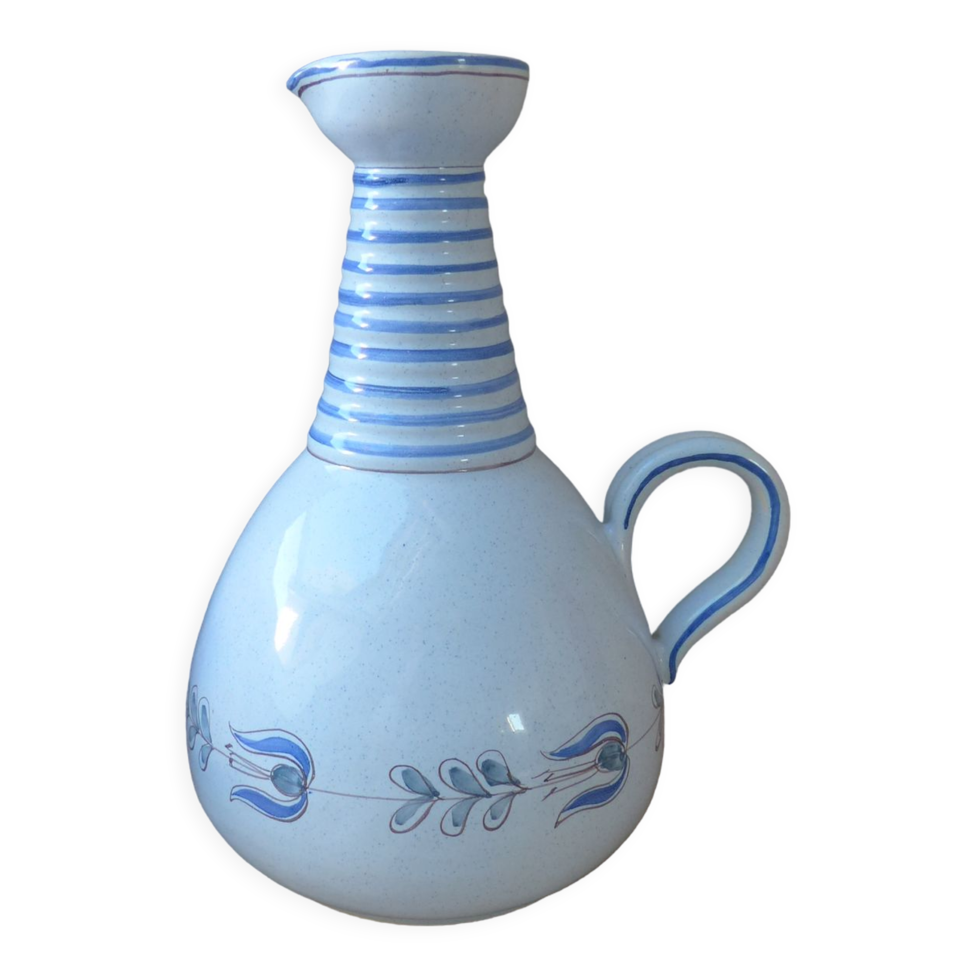 Vintage blue ceramic jug with hand-painted floral decoration.