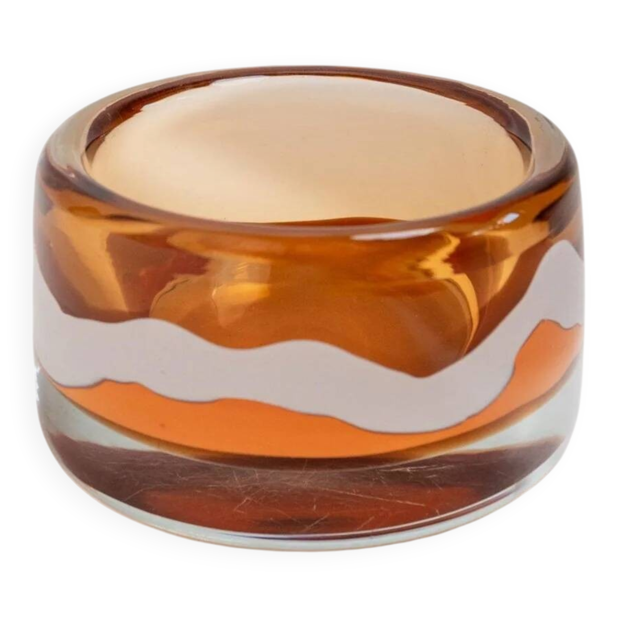 Vintage Skrdlovice Glass Bowl by Jaroslav Svoboda – Bold orange amber glass with white wave, Czech 1970s