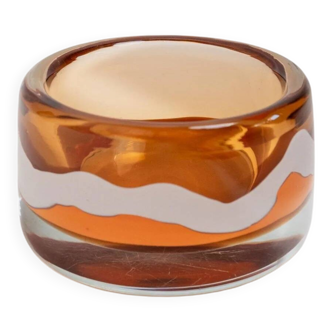 Vintage Skrdlovice Glass Bowl by Jaroslav Svoboda – Bold orange amber glass with white wave, Czech 1970s