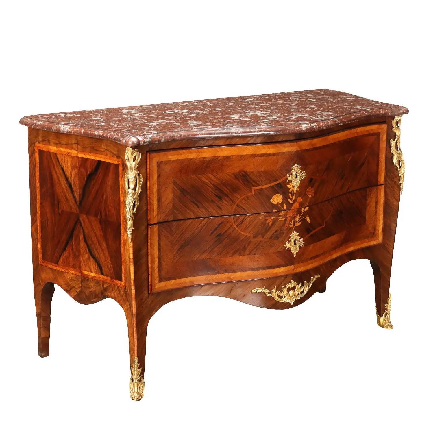 Rococo Neapolitan commode in red marble, poplar and bronze, Italy 1700.