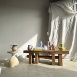 Solid wood bench with openwork base crossed by a cylinder - Mango wood