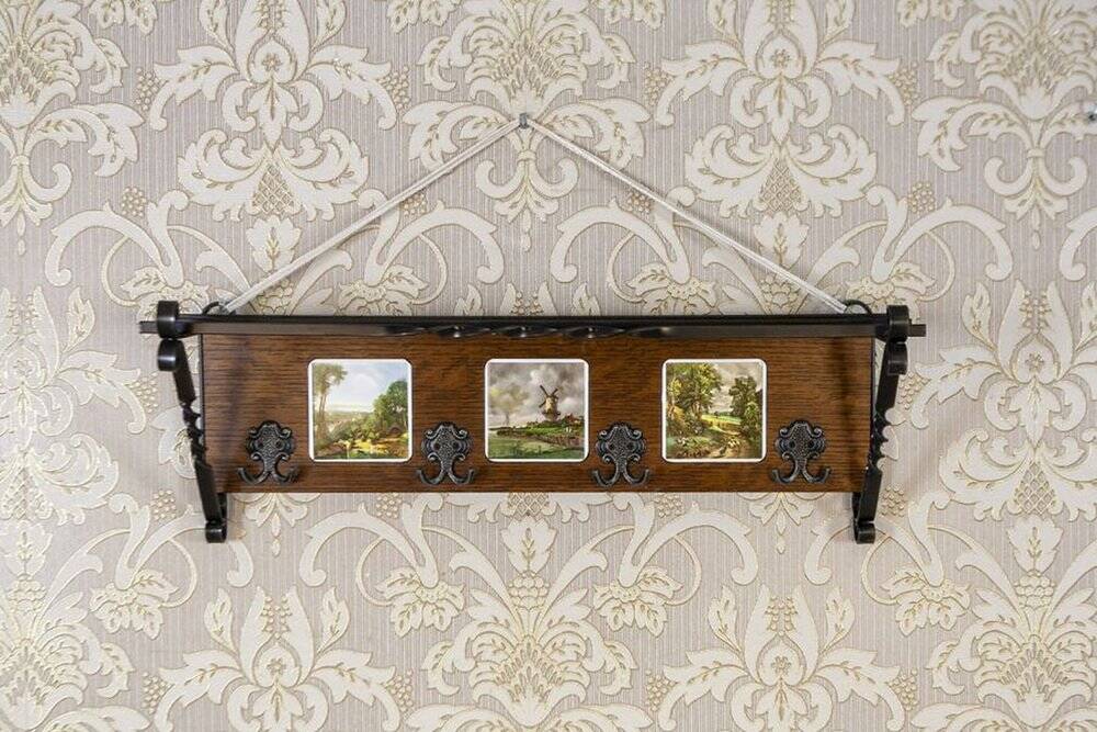 Early 20th Century Dutch Oak Wall Coat Rack with Decorative Tiles, 1950s