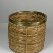 Set of 5 rattan pencil reed and brass plant holder baskets, Italy 1970s
