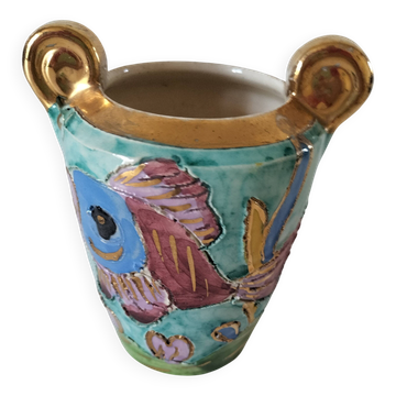 Petit vase pugi à décor de poisson vallauris, années 1950-1960