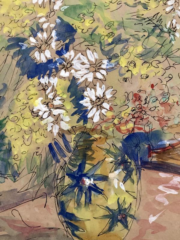 1930s/1950s, Watercolor Gouachée Figurant Un Intérieur Au Bouquet De Fleurs.