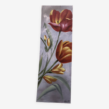Tableau huile sur toile moderne tulipes rouge et jaune signé victoria shao, figuratif, chassis bois